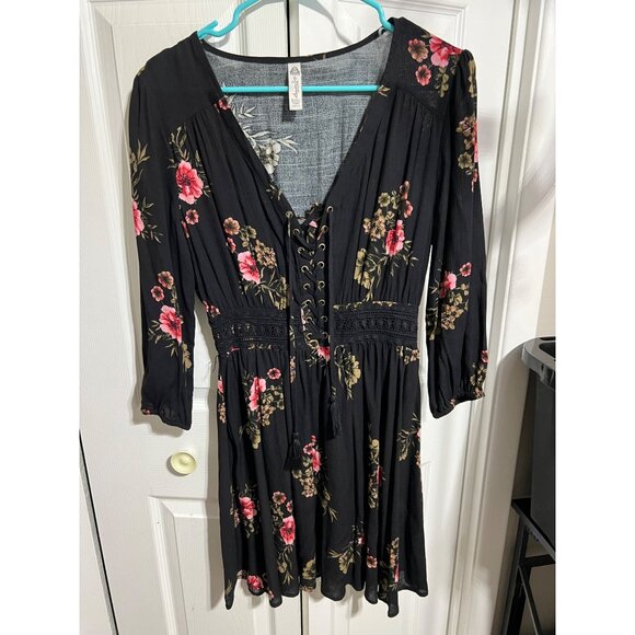Black Floral Lace-Up Smocked Waist Dress By American Rag Size S 3/4 Sleeve 100% - Picture 1 of 7